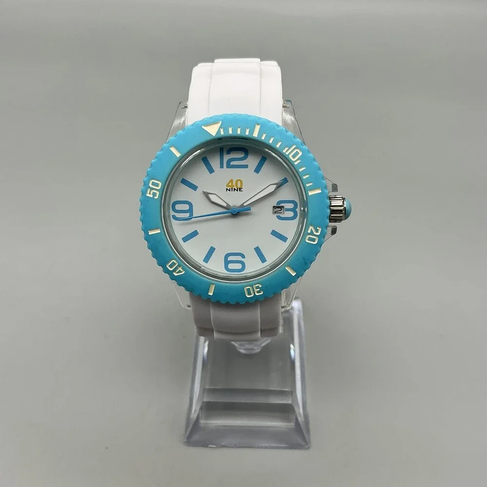 40nine Mens Watch 40mm White Dial Blue Bezel Silicone Date New Battery